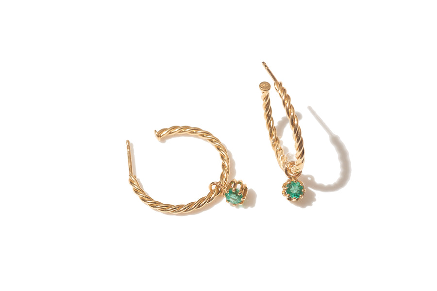 Yellow Gold Thin Rope Hoops with Emeralds